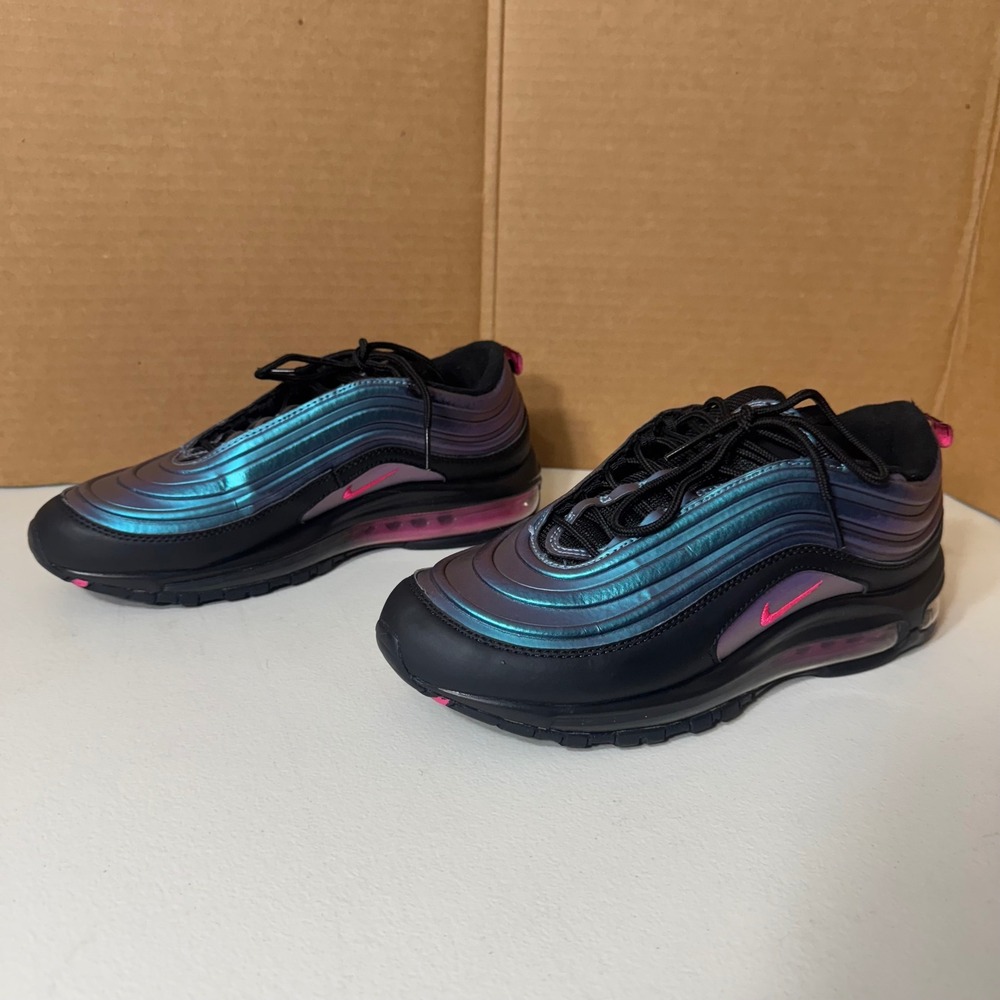 Nike Air Max 97 Men’s Sneakers — Black with Iridescent Teal & Pink Accents